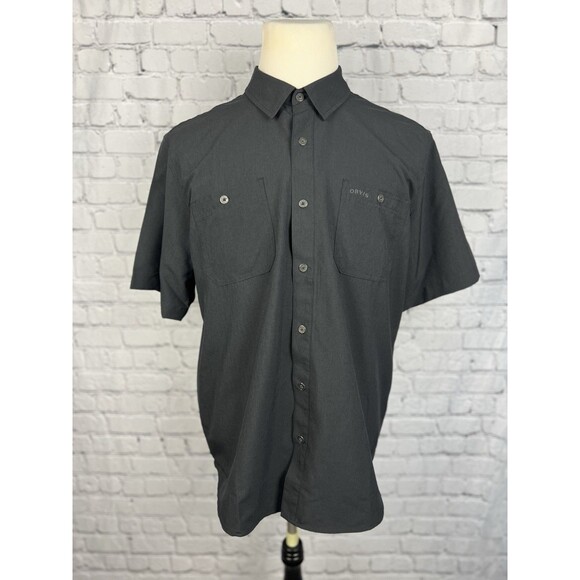 Orvis Tech Shirt Men Large Short Sleeve Black 100%Polyester Double Chest Pockets - Picture 2 of 8